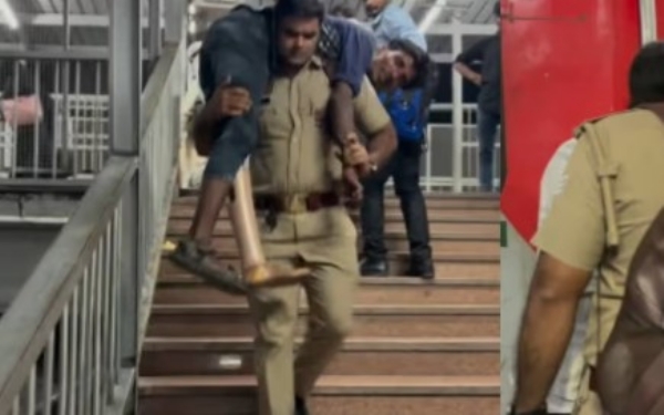 മനുഷ്യത്വത്തിന് മുൻപിൽ യൂണിഫോം മാറ്റിവെച്ച് ഒരു പോലീസ് ഉദ്യോഗസ്ഥൻ; വൈറലായി ഹൃദയസ്പർശിയായ വീഡിയോ