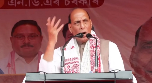 Union defence Minister Rajnath Singh addressing election rally in Sonitpur on Tuesday.