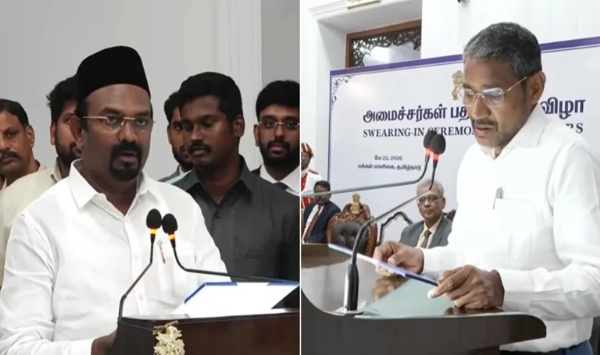 തമിഴ്നാട്ടിൽ വീണ്ടും മന്ത്രിസഭാ വികസനം: വിജയ് സർക്കാരിൽ വിസികെയും മുസ്ലിം ലീഗും പങ്കാളികളായി; മന്ത്രിമാരായി വണ്ണി അരശും എ.എം ഷാജഹാനും സത്യപ്രതിജ്ഞ ചെയ്തു